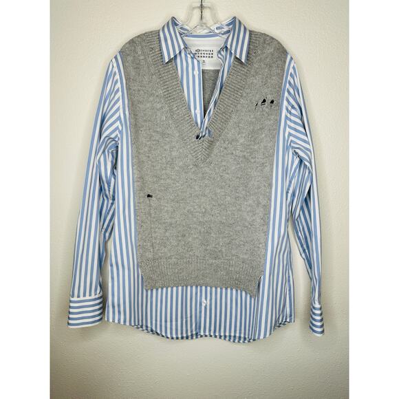 Maison Margiela Distressed Gray Vest Layered Blue & White Stripe Shirt - Picture 4 of 16